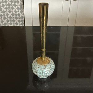 Mid Century Hand Painted Bud Vase with Brass Fluted Top